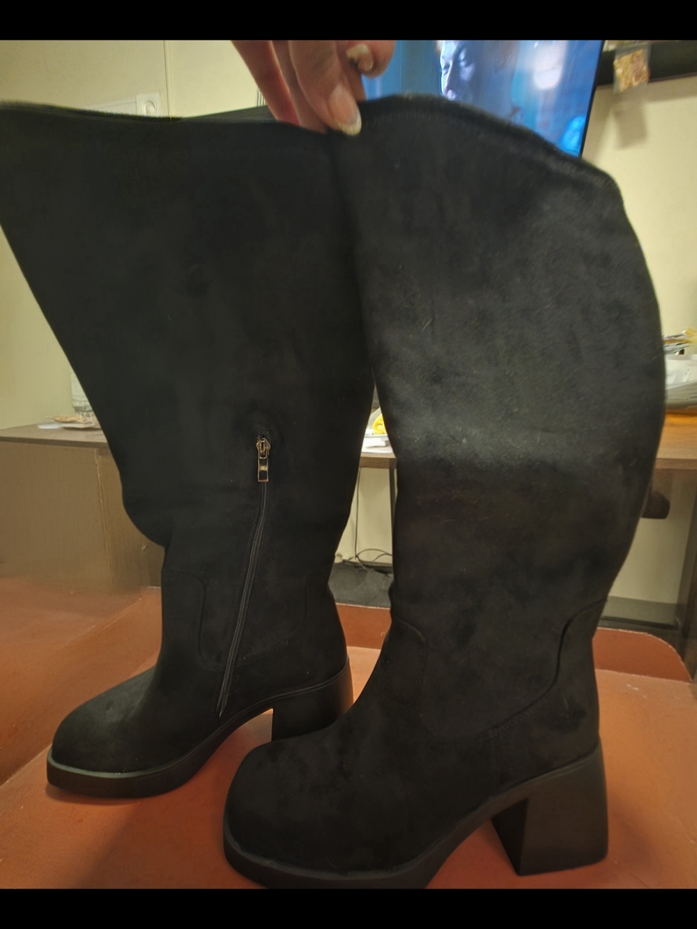 Classic Black Suede Mid-Calf Block Heel Boots